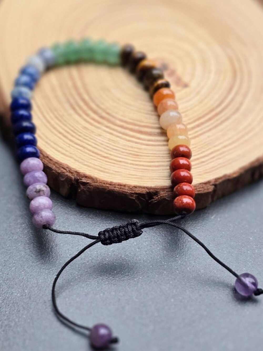 Handmade ✦ Natural Chakra Gemstone Bracelet ✦ Adjustable Black Cord 8mm Beads